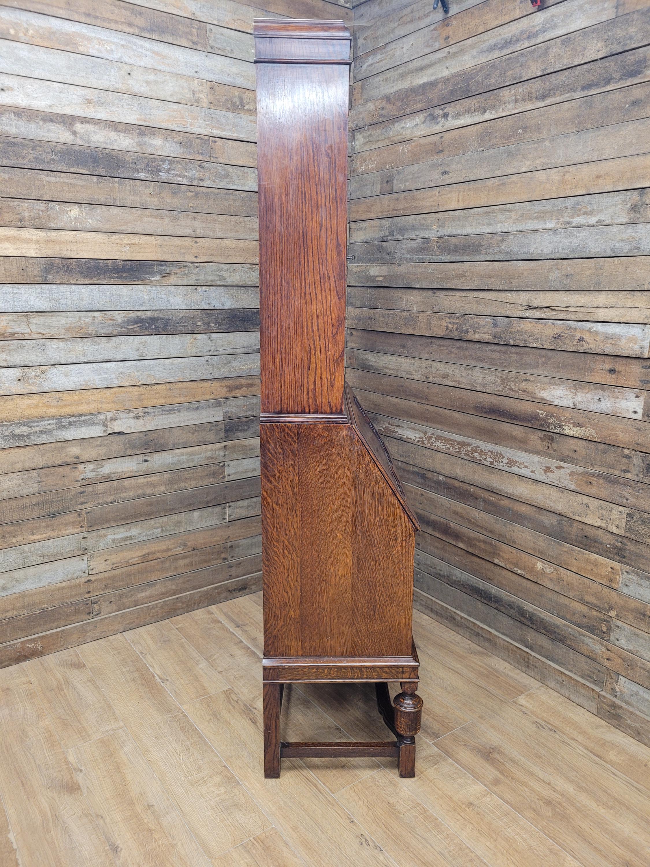 Oak Bureau Bookcase Leaded Glass Vintage Secretariat Drop Front Cabinet