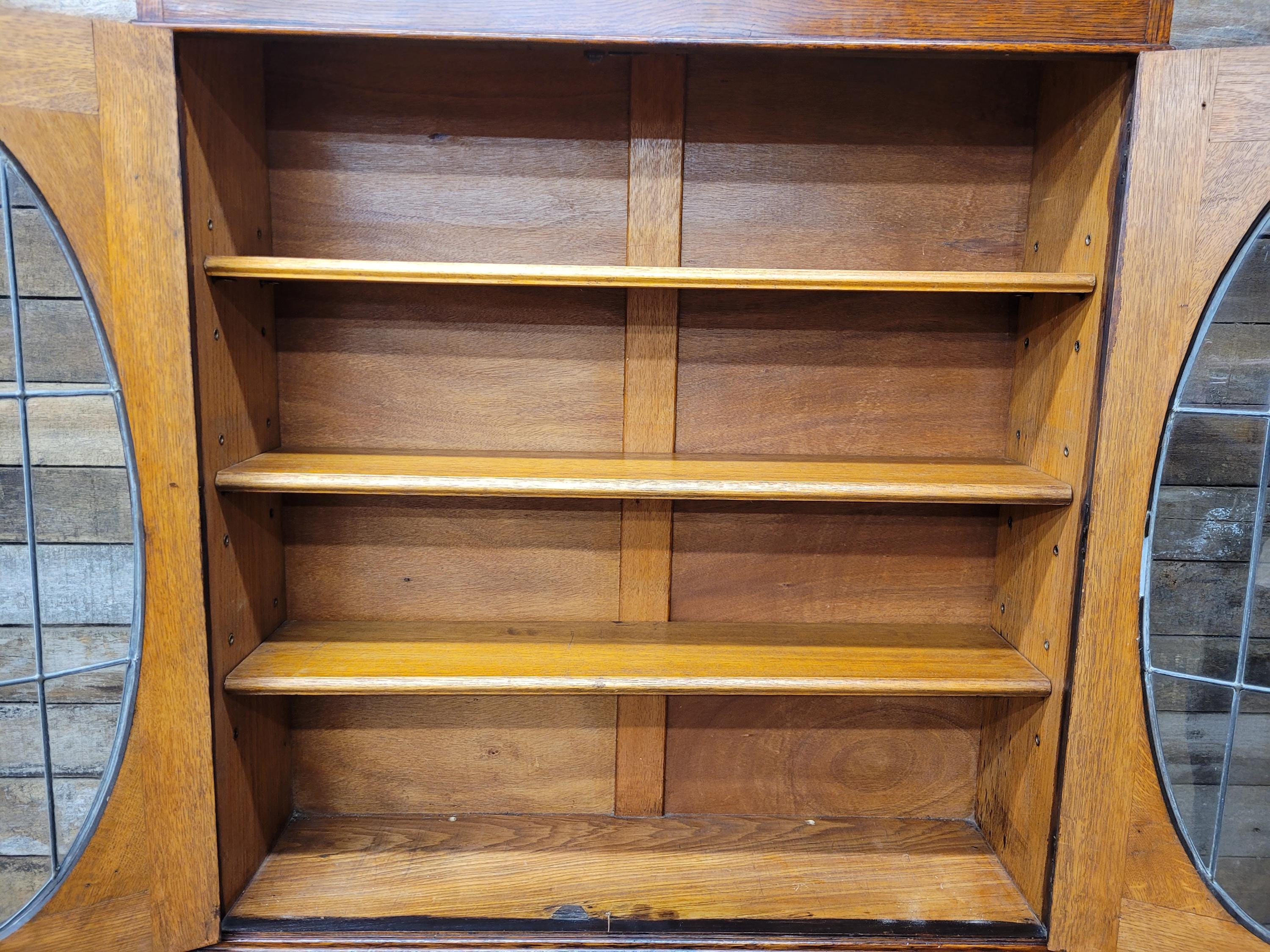 Oak Bureau Bookcase Leaded Glass Vintage Secretariat Drop Front Cabinet