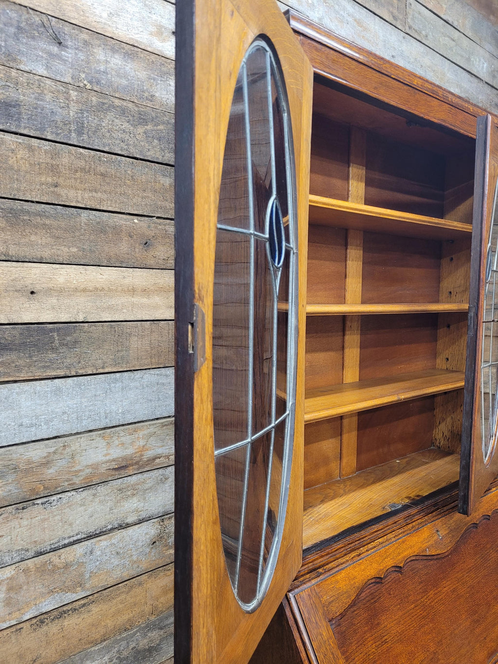 Oak Bureau Bookcase Leaded Glass Vintage Secretariat Drop Front Cabinet