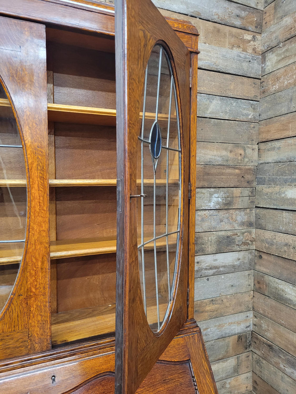 Oak Bureau Bookcase Leaded Glass Vintage Secretariat Drop Front Cabinet