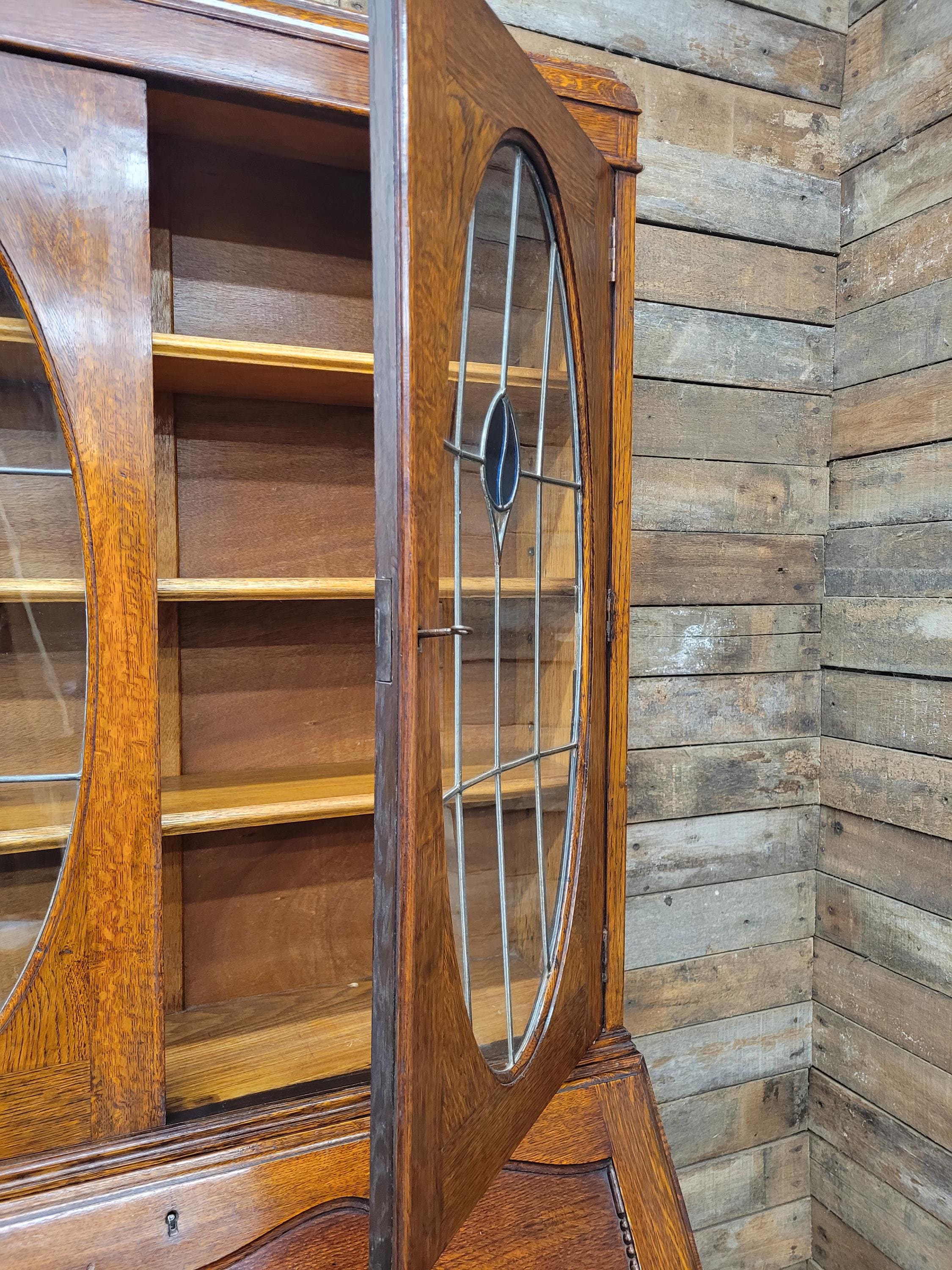Oak Bureau Bookcase Leaded Glass Vintage Secretariat Drop Front Cabinet