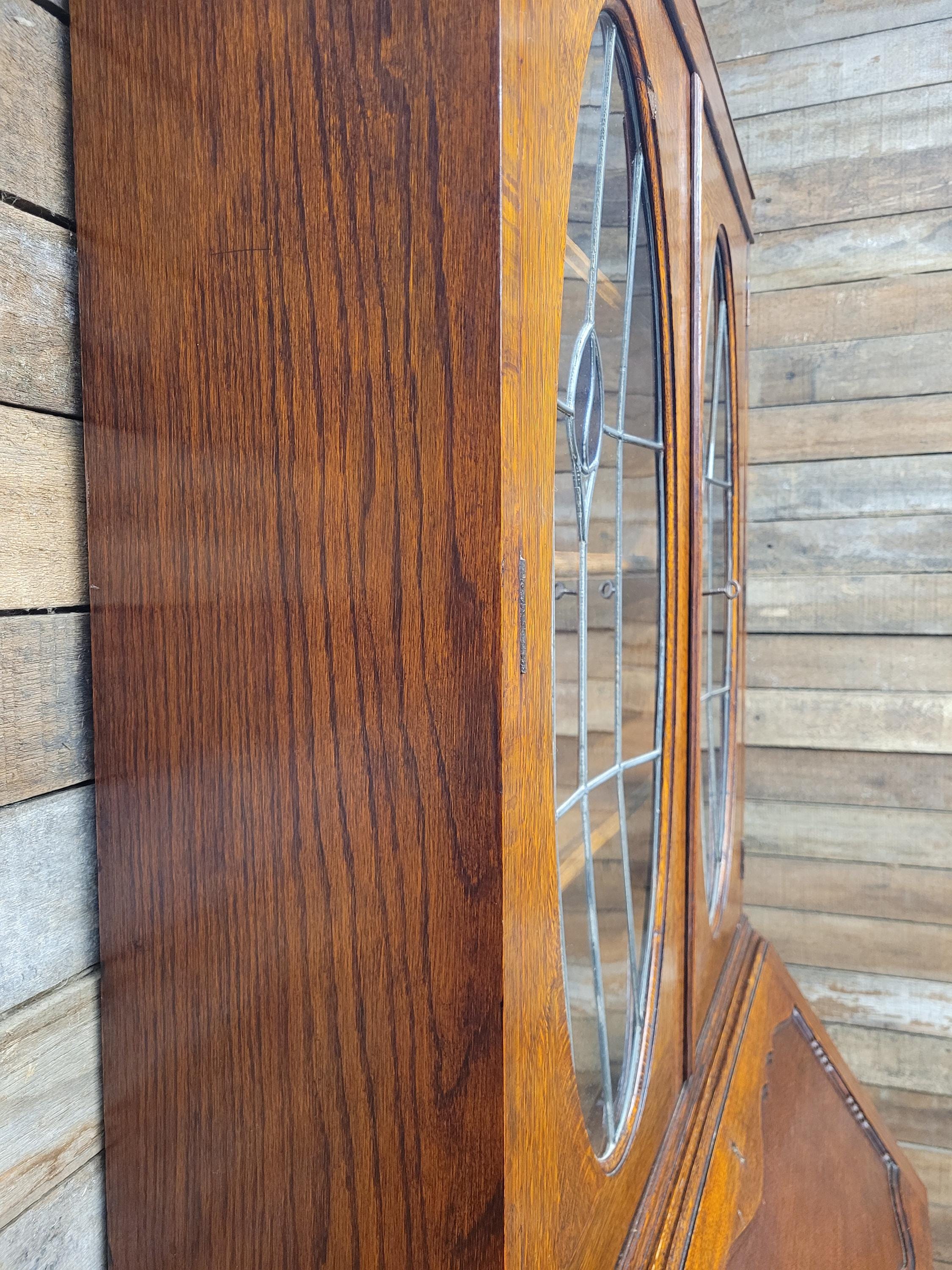 Oak Bureau Bookcase Leaded Glass Vintage Secretariat Drop Front Cabinet
