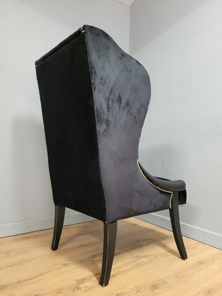 Black Velvet Wingback Armchair Scrolled Arms Chrome Studs Stylish Upholstered