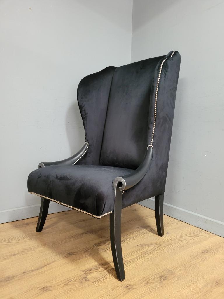 Black Velvet Wingback Armchair Scrolled Arms Chrome Studs Stylish Upholstered
