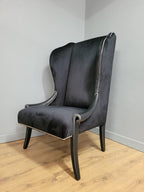 Black Velvet Wingback Armchair Scrolled Arms Chrome Studs Stylish Upholstered