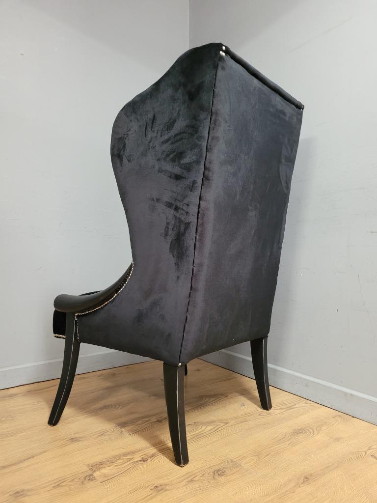 Black Velvet Wingback Armchair Scrolled Arms Chrome Studs Stylish Upholstered