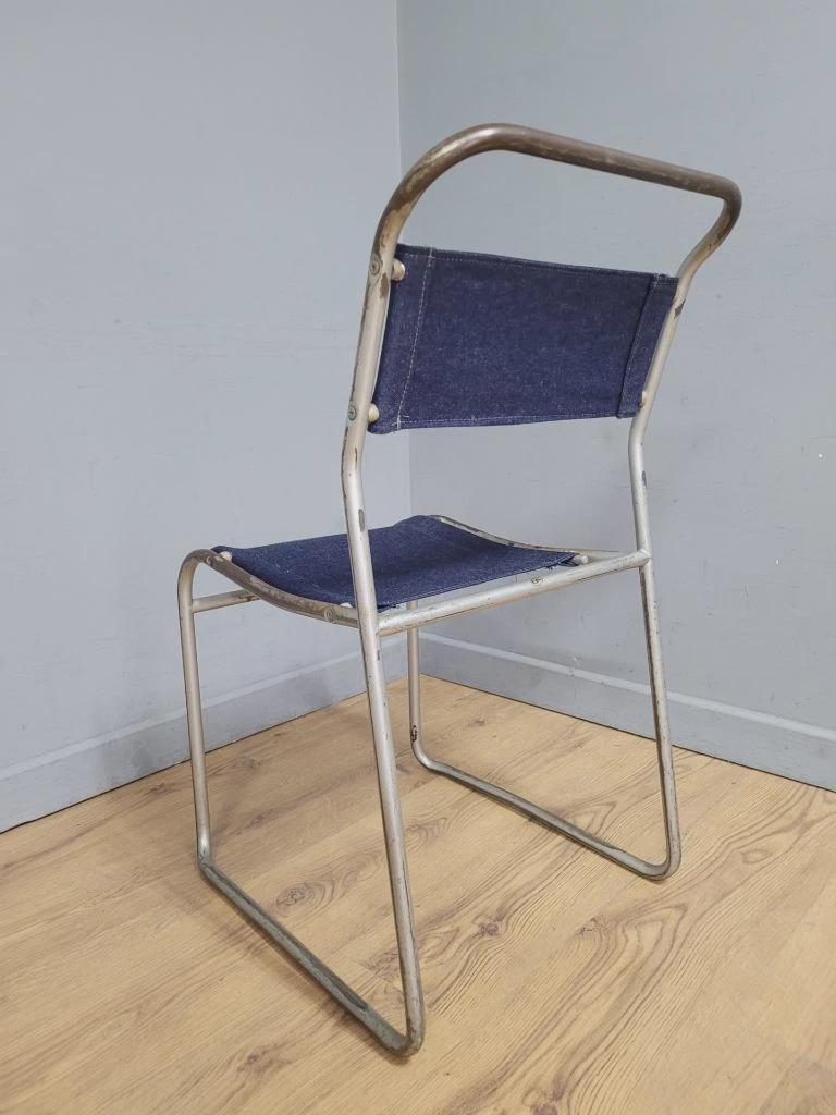 Four Pel Cox Tubular Metal Chairs Denim Seats Industrial Stacking Chairs MCM
