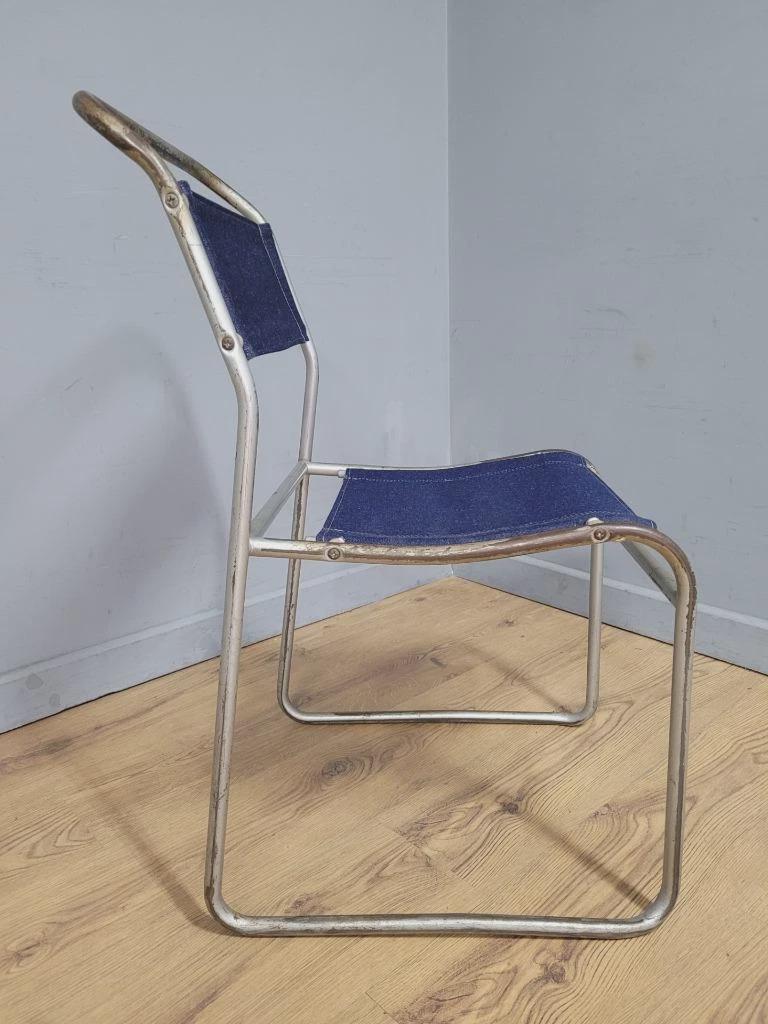 Four Pel Cox Tubular Metal Chairs Denim Seats Industrial Stacking Chairs MCM