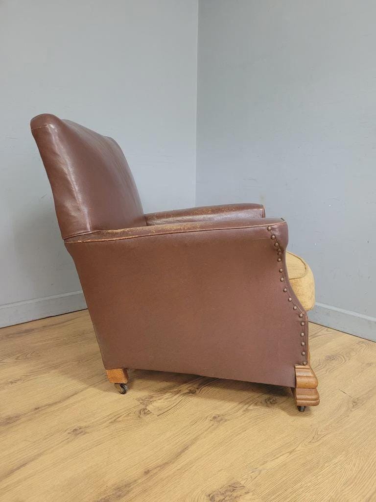 Distressed Brown Leather Tub Club Armchair Art Deco Style Vintage Chair