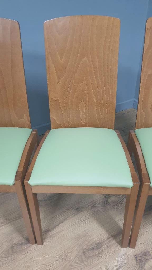 Four Olive Green Leatherette Dining Chairs High Back Retro Style