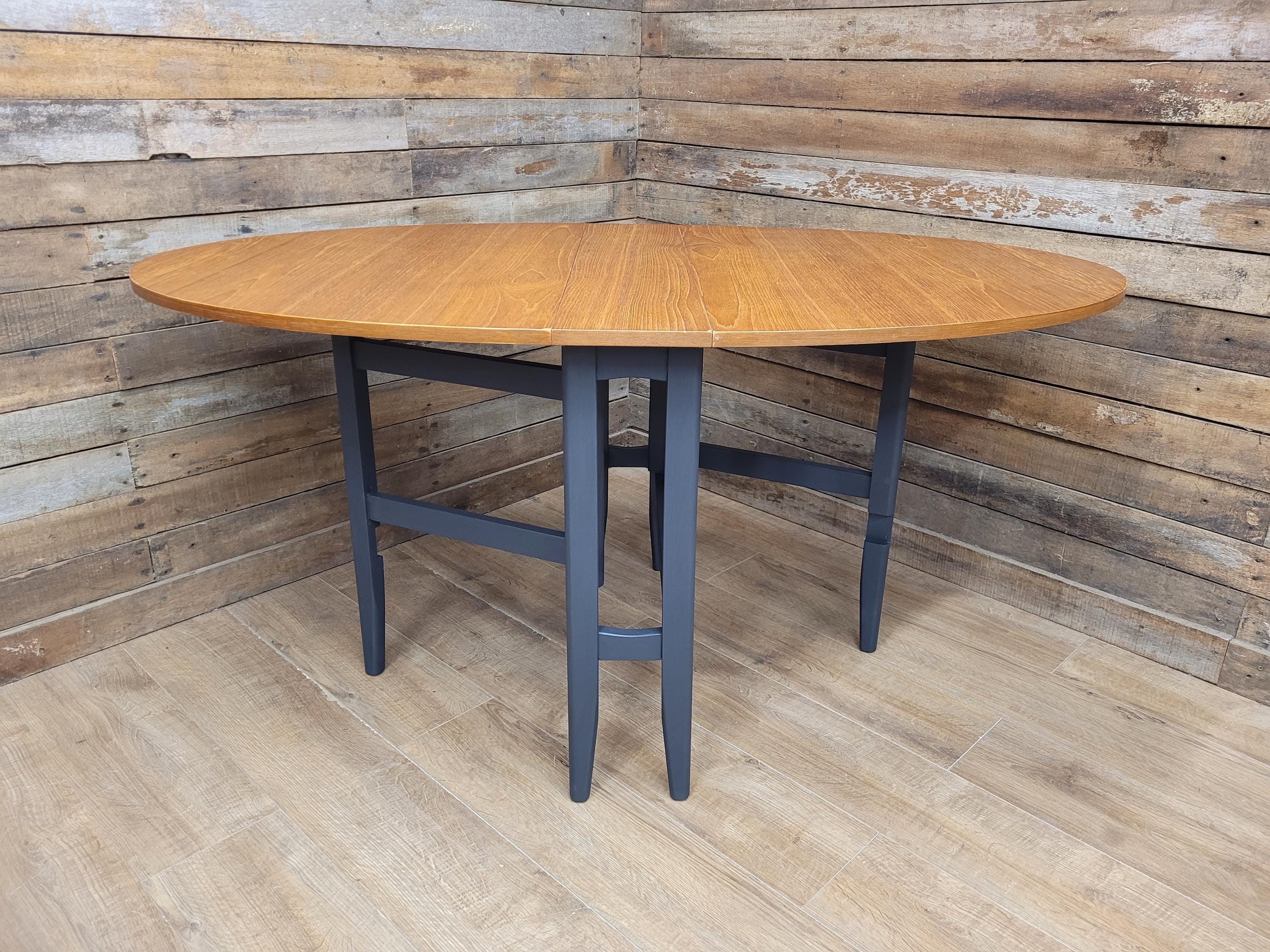 Teak Drop Leaf Dining Table Mid Century Oval Folding Compact Painted Base