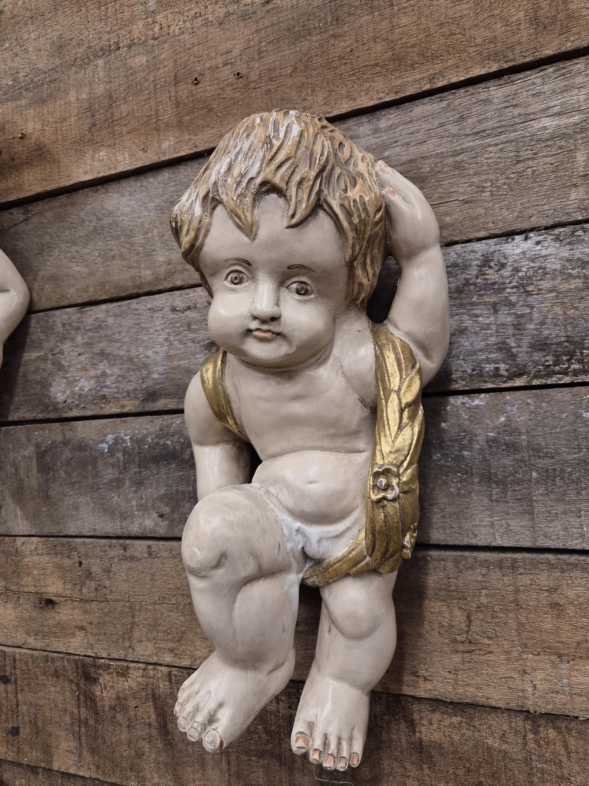 Pair Cherub Wall Plaques Hand Painted Putti Classical Decorative Vintage