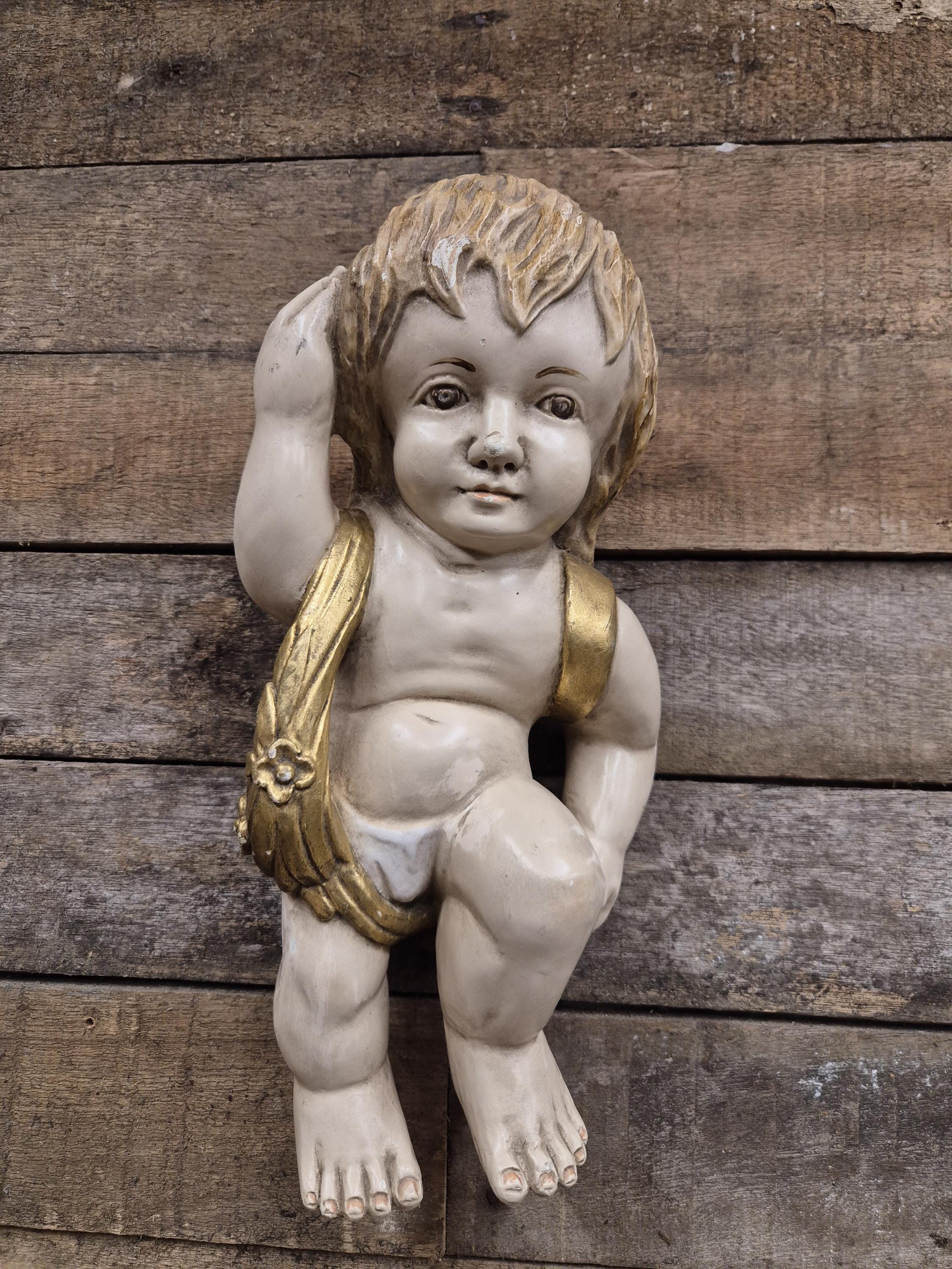 Pair Cherub Wall Plaques Hand Painted Putti Classical Decorative Vintage