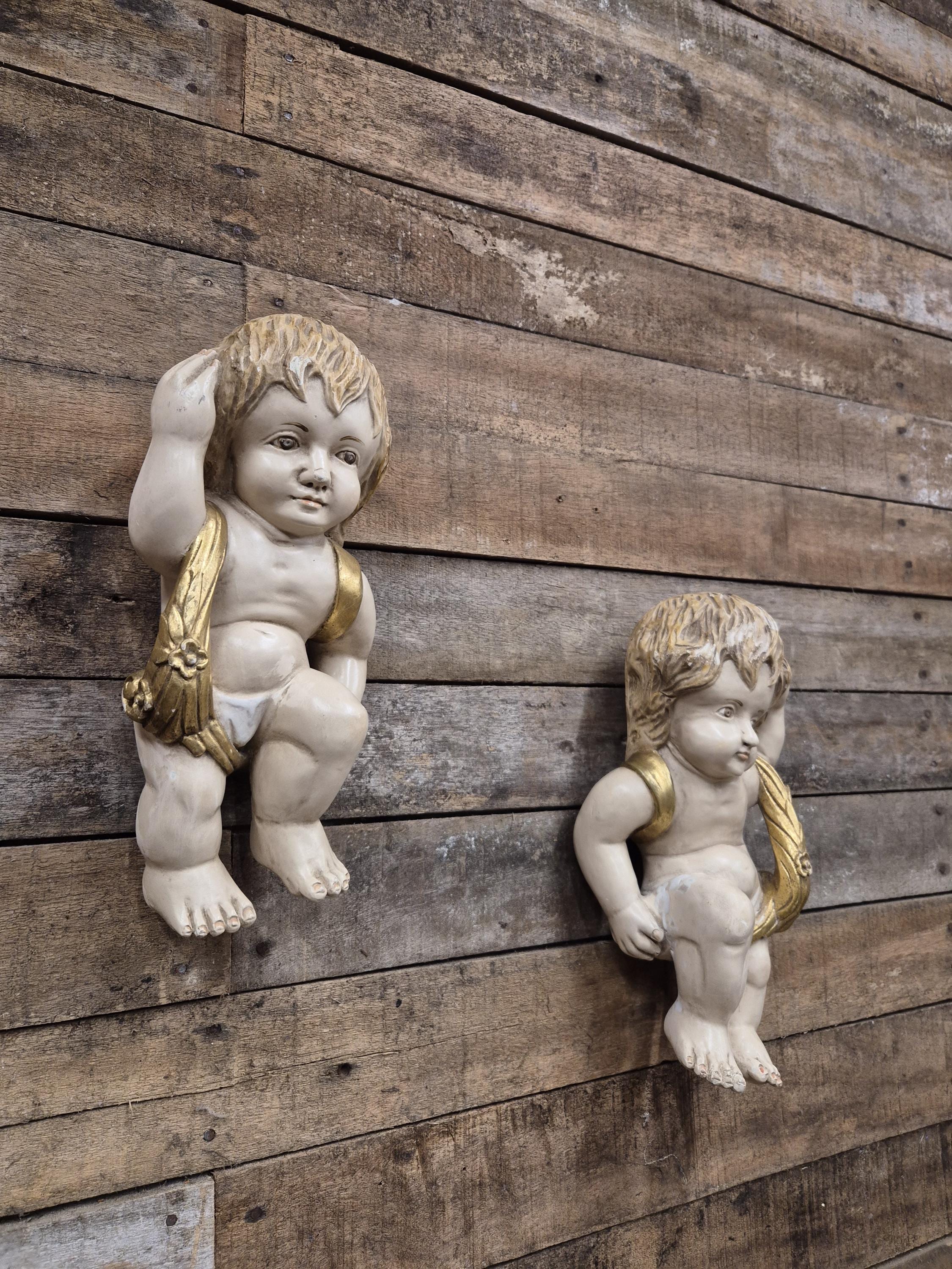 Pair Cherub Wall Plaques Hand Painted Putti Classical Decorative Vintage