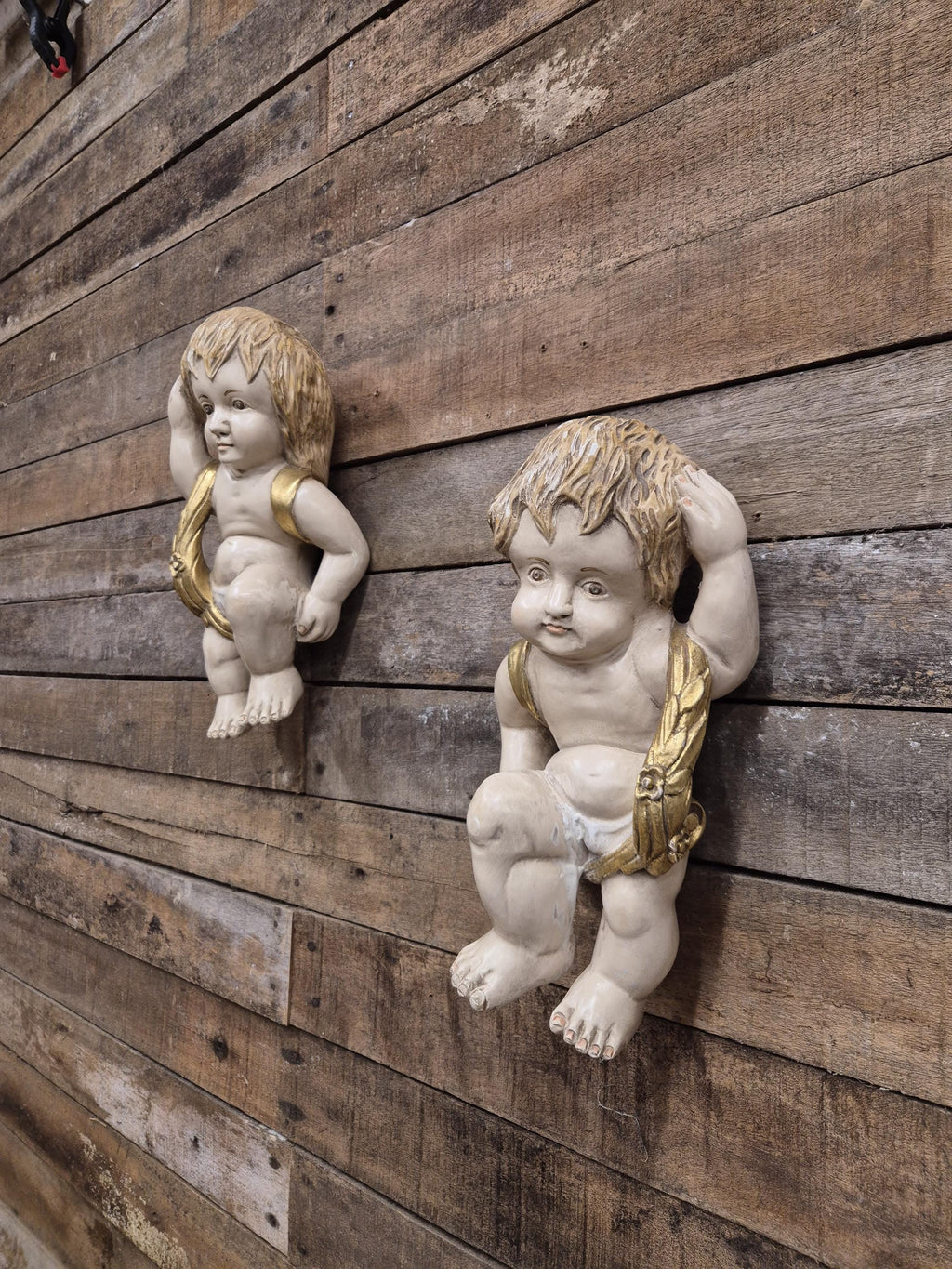 Pair Cherub Wall Plaques Hand Painted Putti Classical Decorative Vintage