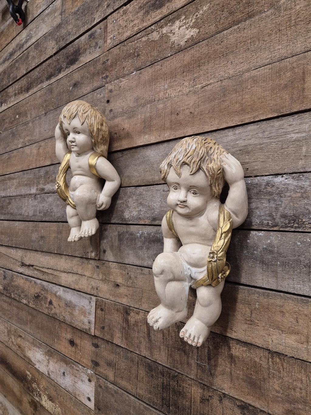Pair Cherub Wall Plaques Hand Painted Putti Classical Decorative Vintage