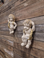 Pair Cherub Wall Plaques Hand Painted Putti Classical Decorative Vintage