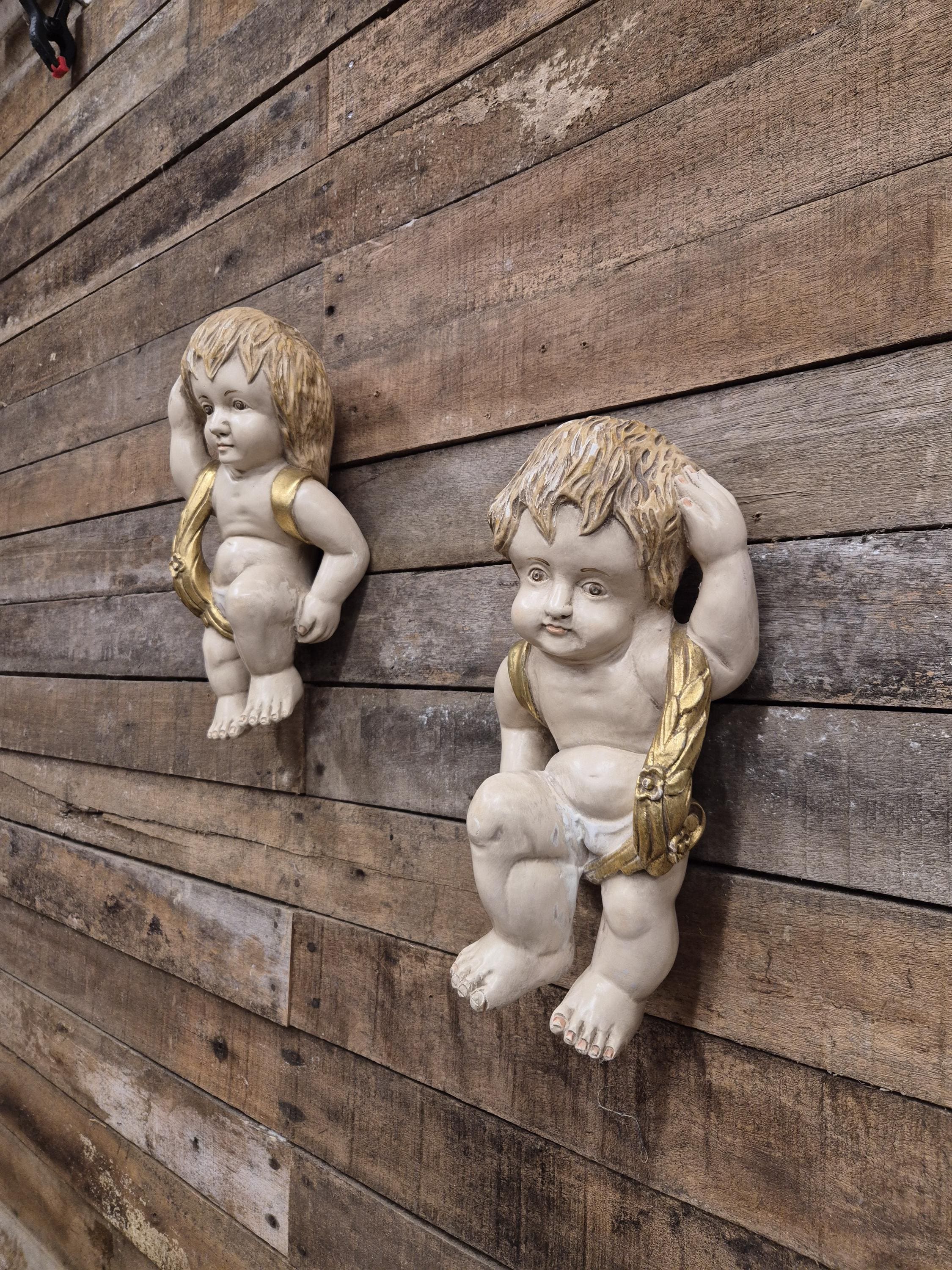 Pair Cherub Wall Plaques Hand Painted Putti Classical Decorative Vintage