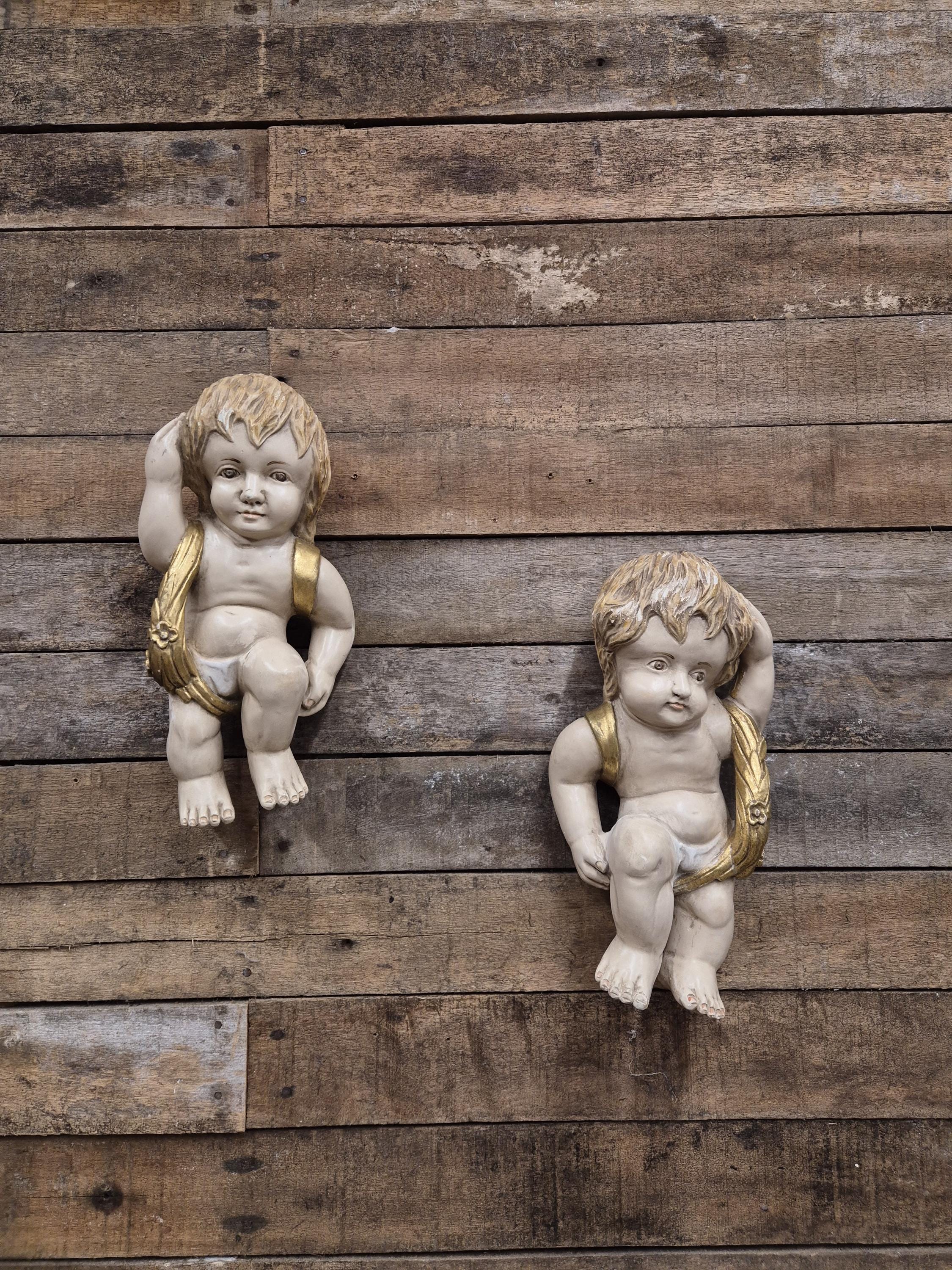 Pair Cherub Wall Plaques Hand Painted Putti Classical Decorative Vintage