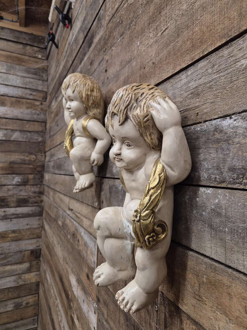Pair Cherub Wall Plaques Hand Painted Putti Classical Decorative Vintage