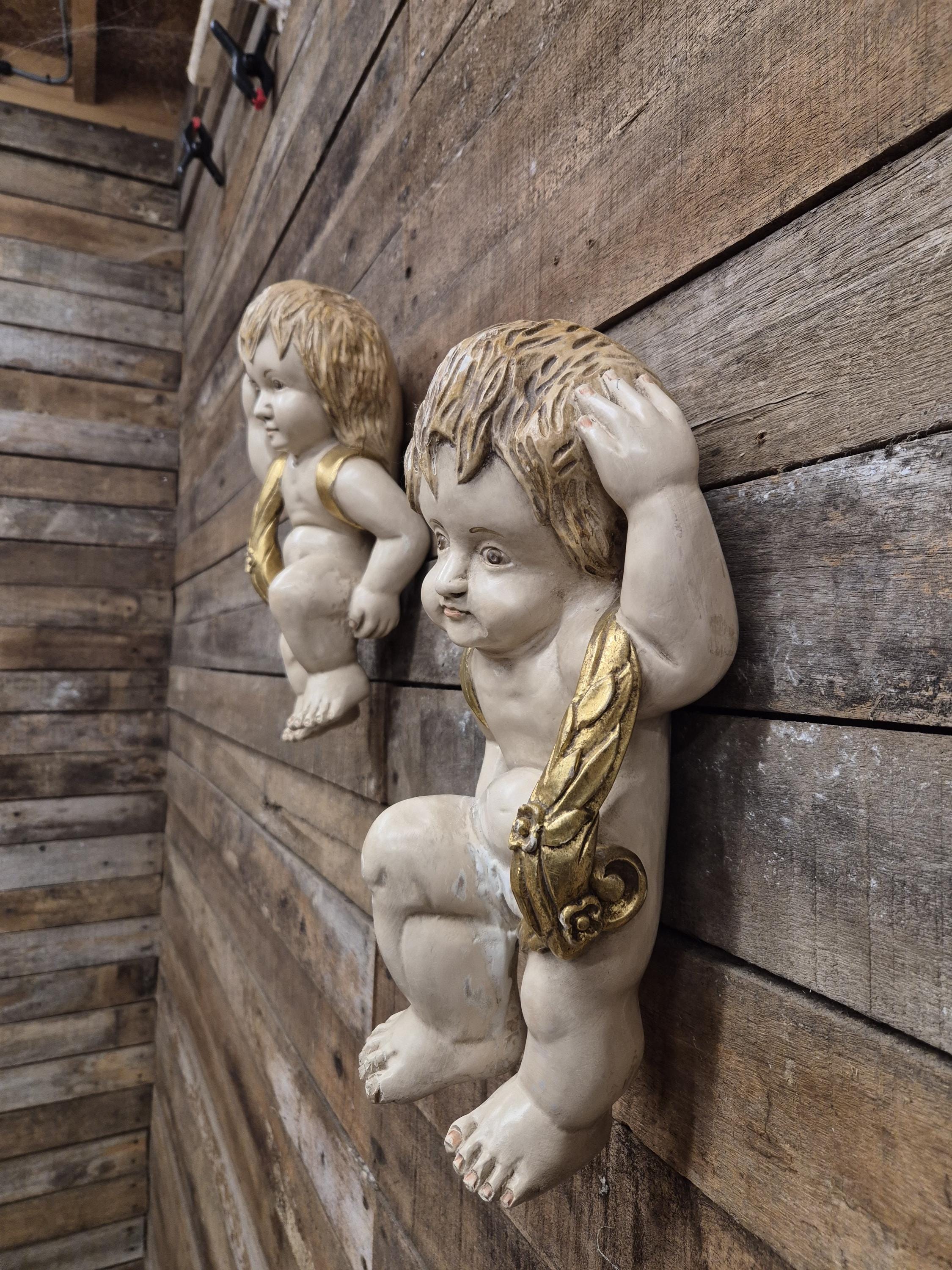 Pair Cherub Wall Plaques Hand Painted Putti Classical Decorative Vintage
