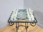 Glass Chess Set Wrought Iron Table Vintage Style