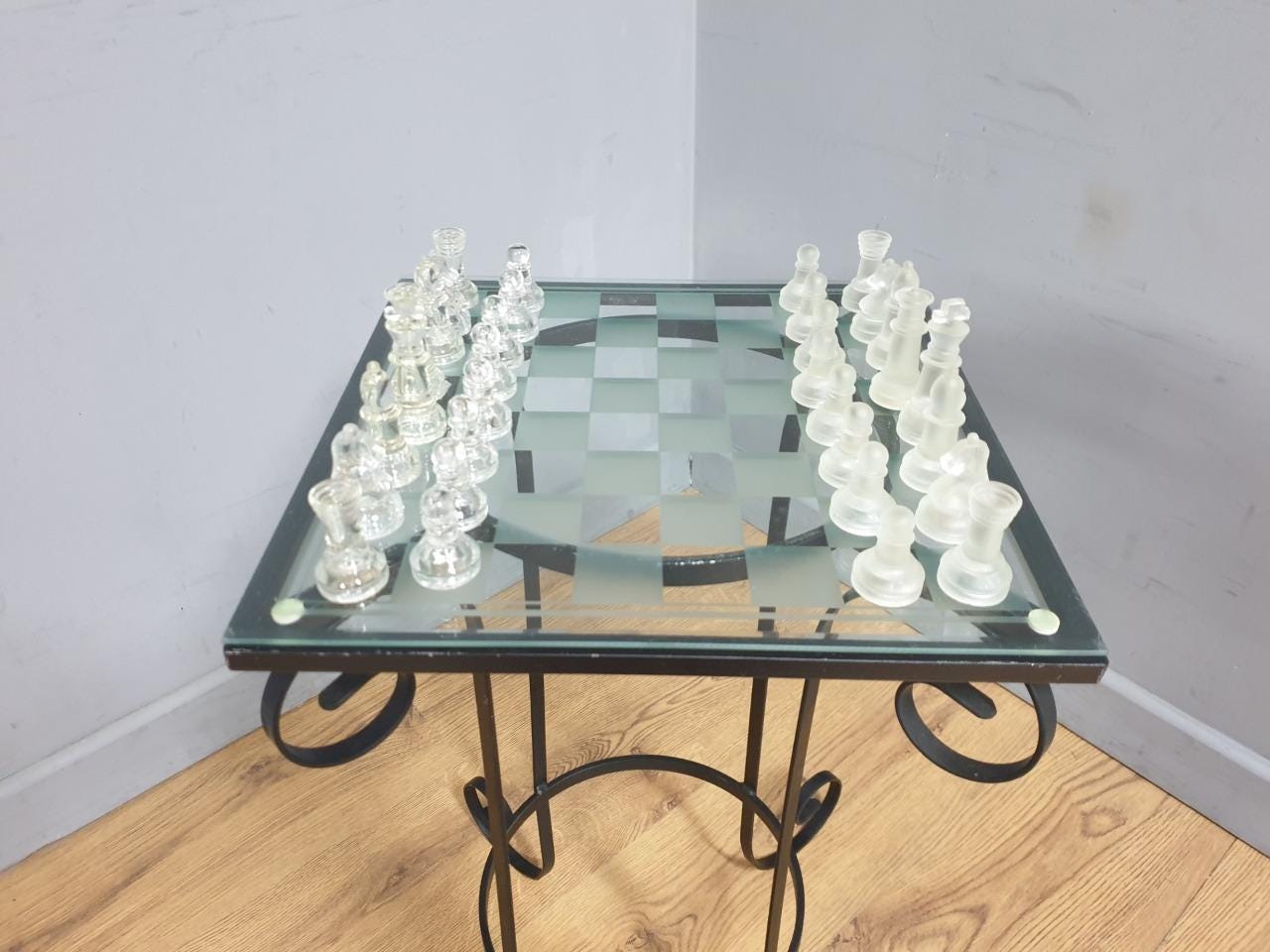 Glass Chess Set Wrought Iron Table Vintage Style