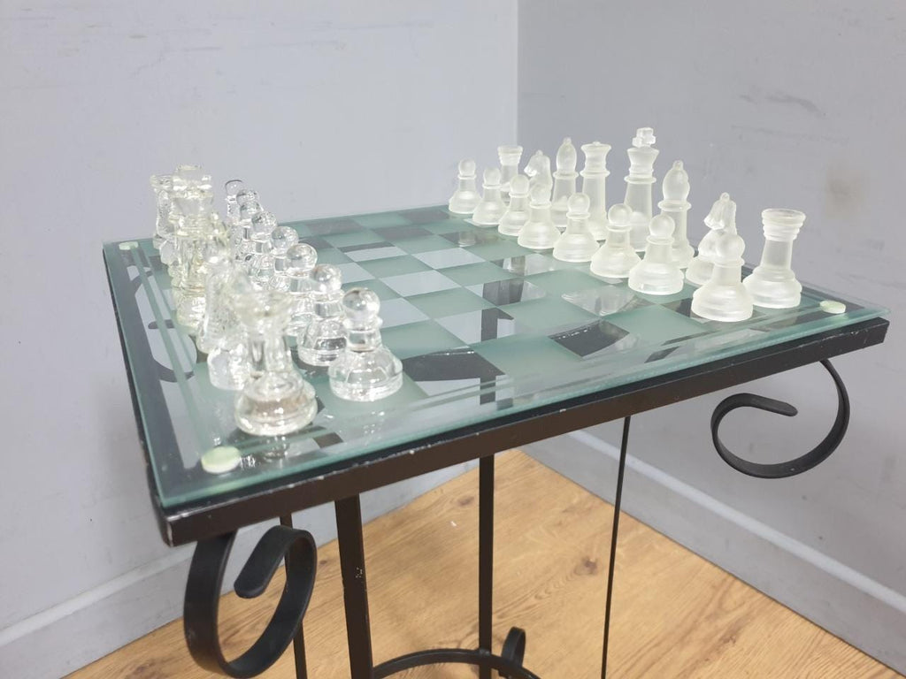 Glass Chess Set Wrought Iron Table Vintage Style