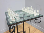 Glass Chess Set Wrought Iron Table Vintage Style