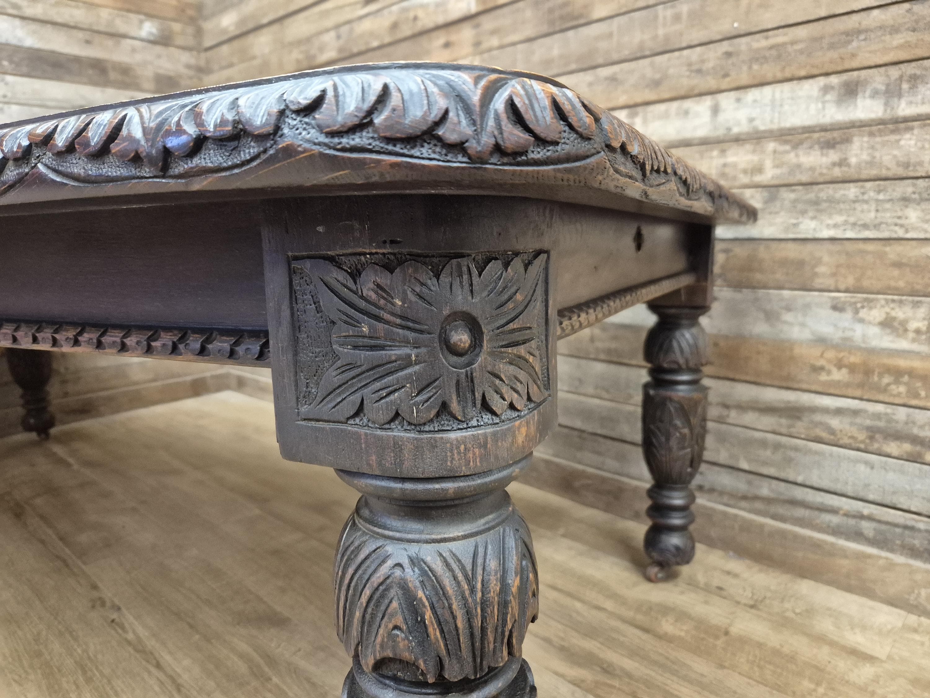 Antique Oak Windout Dining Table Carved Jacobean Banquet Inc Two Leaves Winder
