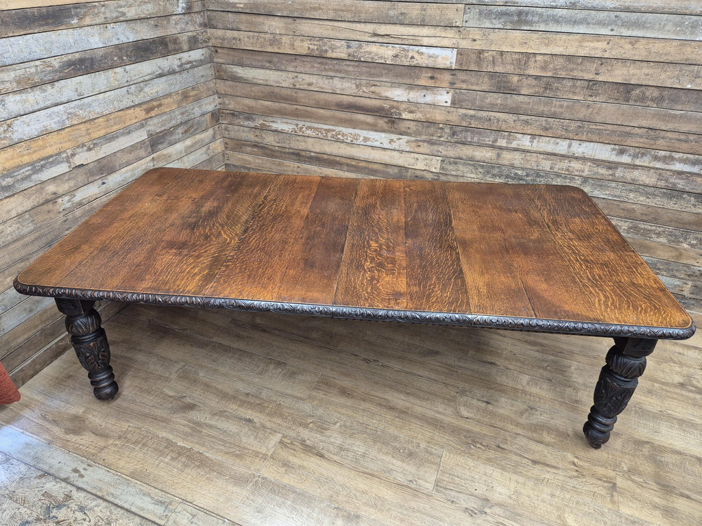 Antique Oak Windout Dining Table Carved Jacobean Banquet Inc Two Leaves Winder
