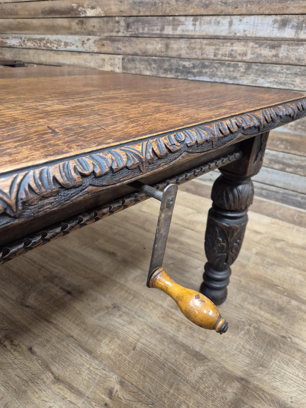 Antique Oak Windout Dining Table Carved Jacobean Banquet Inc Two Leaves Winder