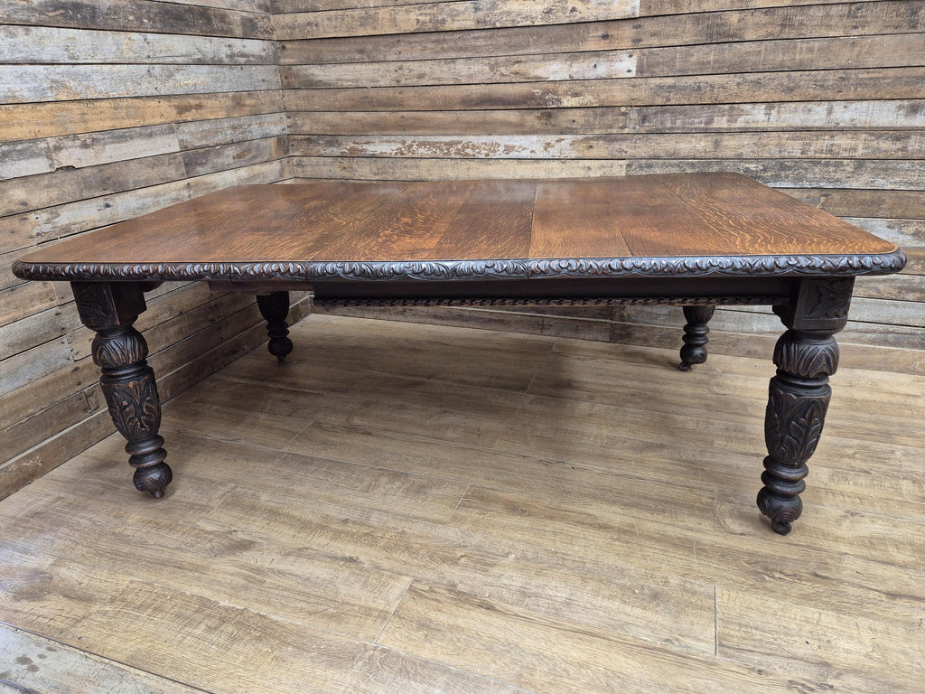 Antique Oak Windout Dining Table Carved Jacobean Banquet Inc Two Leaves Winder