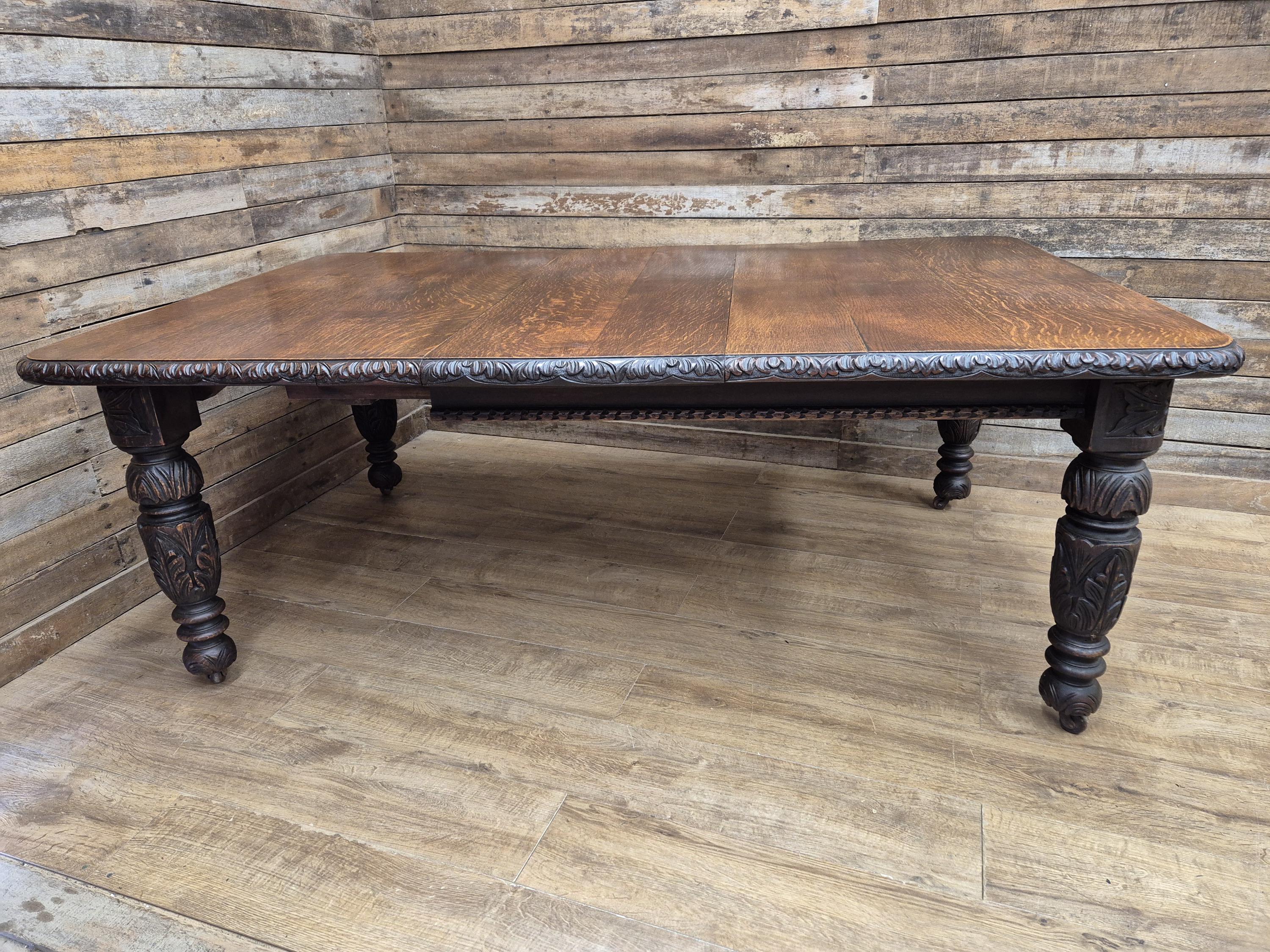 Antique Oak Windout Dining Table Carved Jacobean Banquet Inc Two Leaves Winder