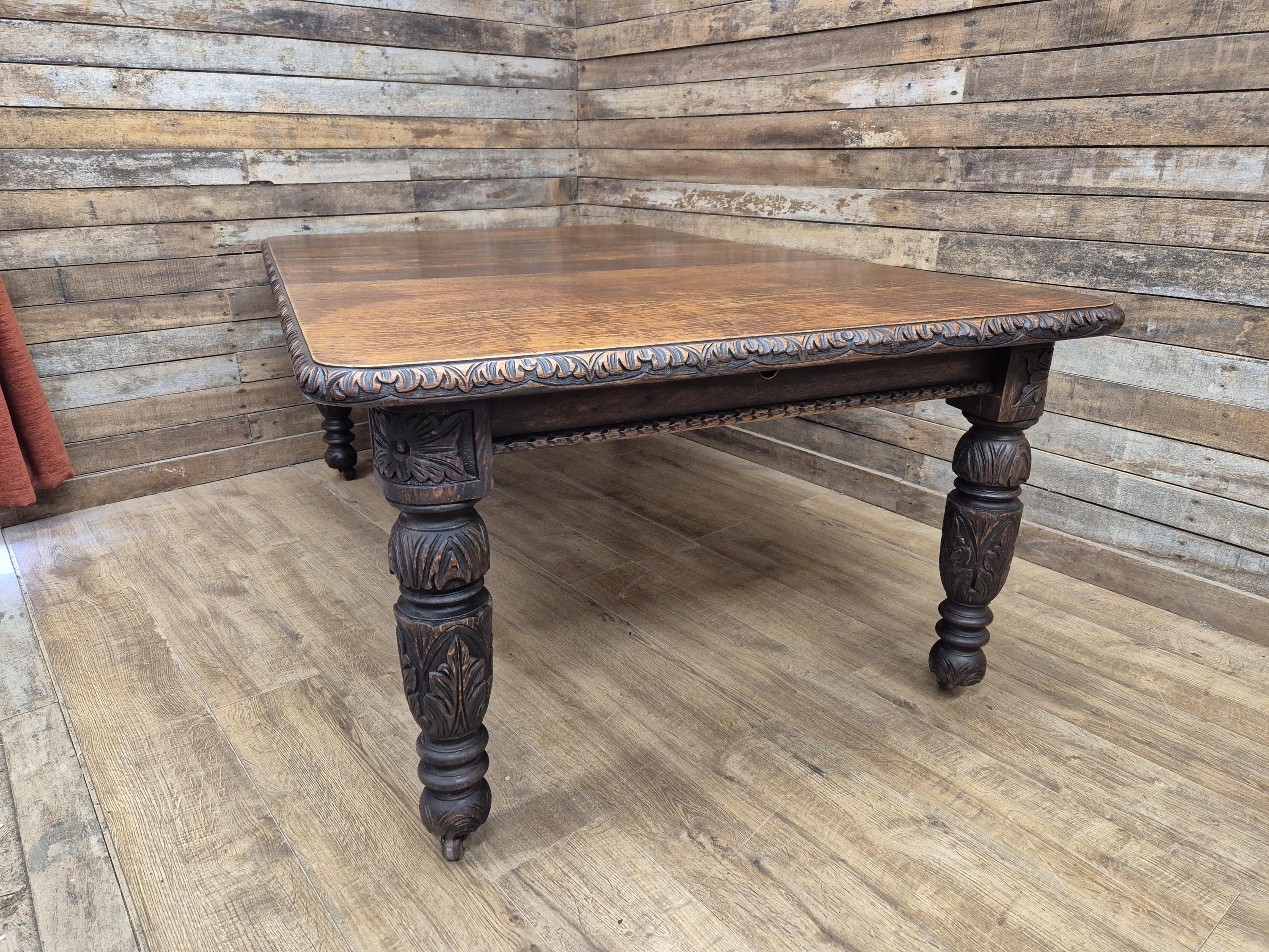 Antique Oak Windout Dining Table Carved Jacobean Banquet Inc Two Leaves Winder