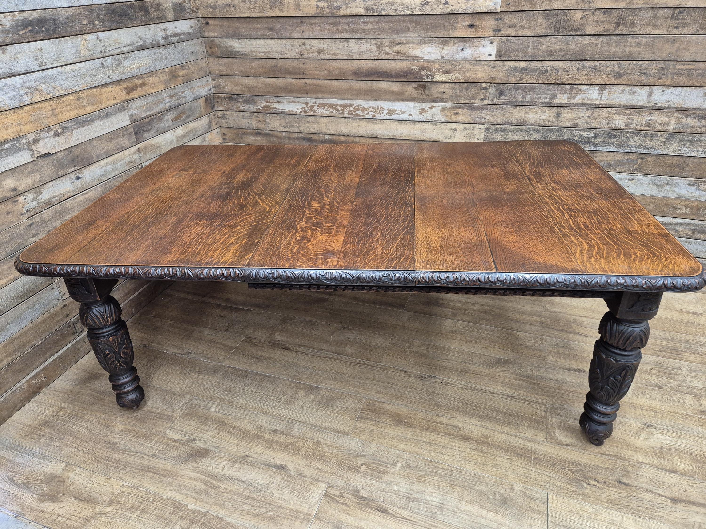 Antique Oak Windout Dining Table Carved Jacobean Banquet Inc Two Leaves Winder