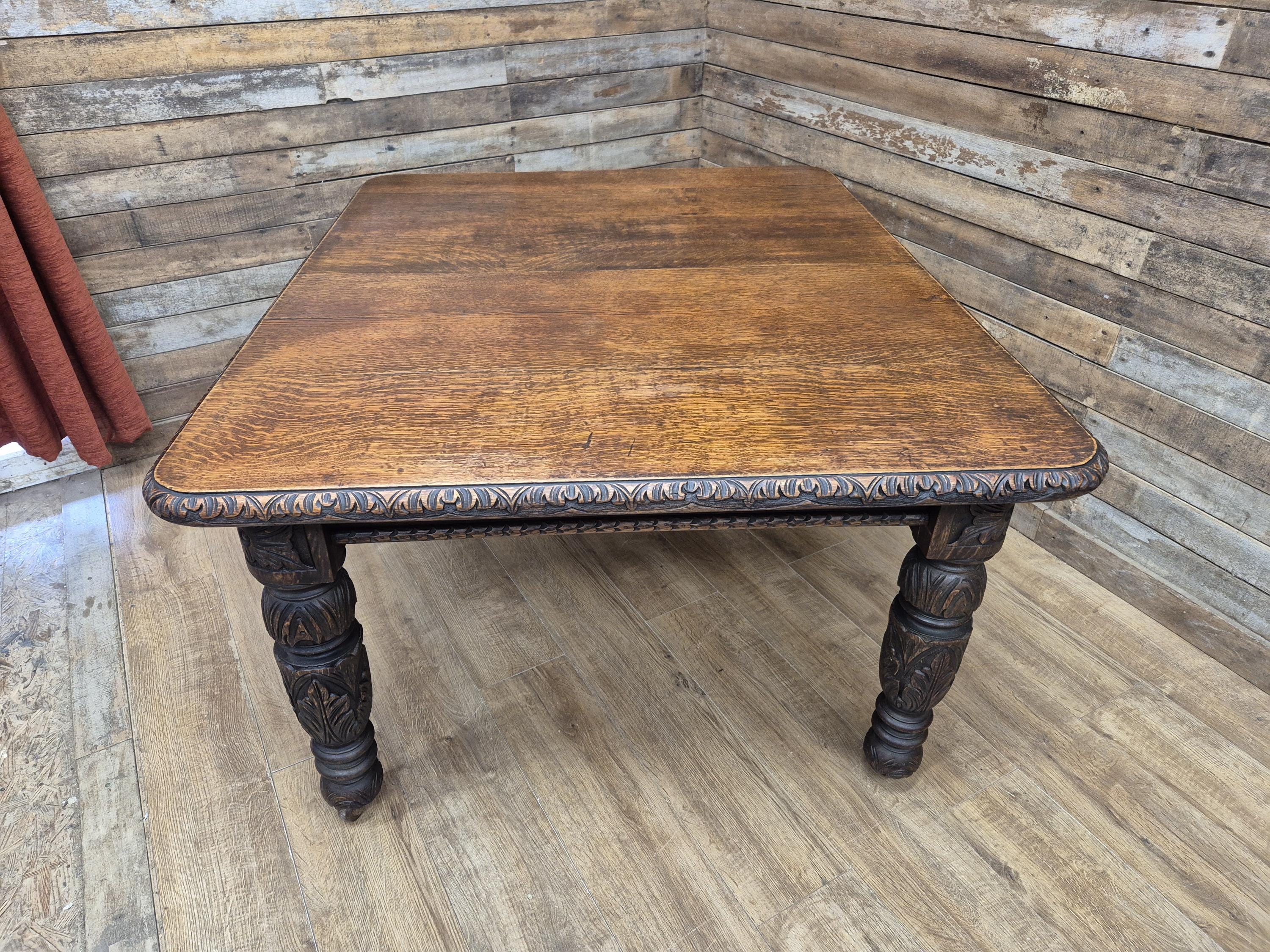 Antique Oak Windout Dining Table Carved Jacobean Banquet Inc Two Leaves Winder