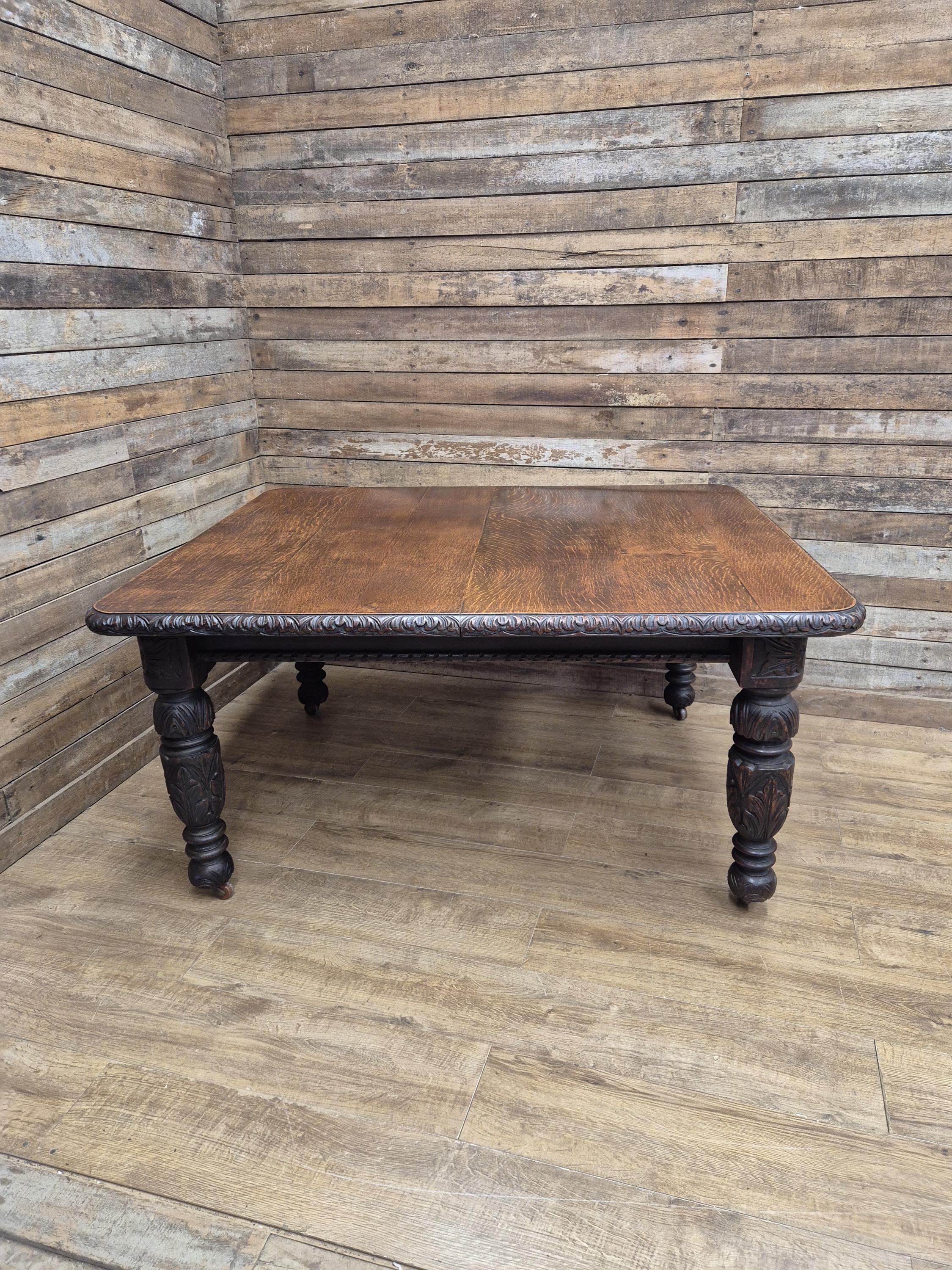 Antique Oak Windout Dining Table Carved Jacobean Banquet Inc Two Leaves Winder