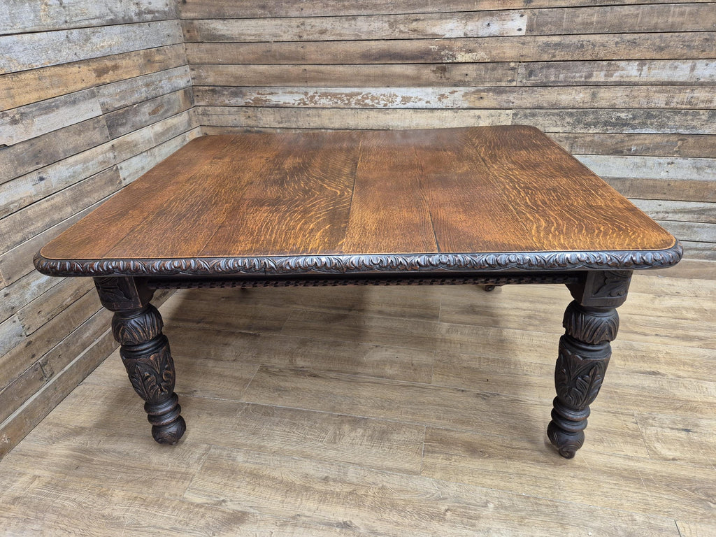 Antique Oak Windout Dining Table Carved Jacobean Banquet Inc Two Leaves Winder