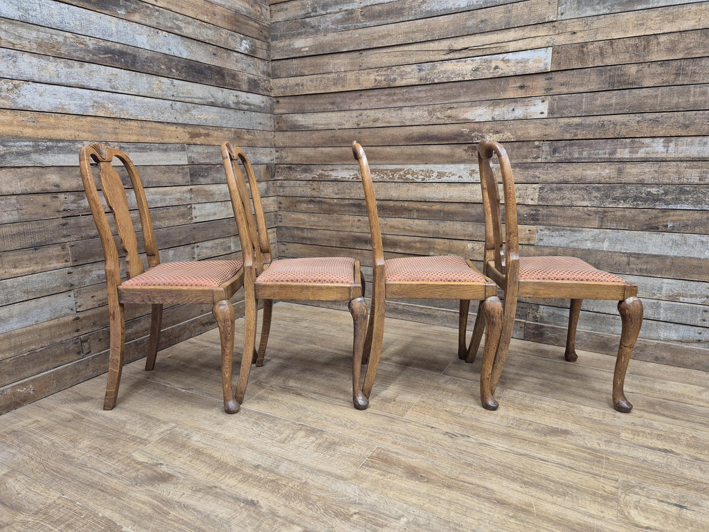 Four Oak Dining Chairs Queen Anne Shell Backs Vintage
