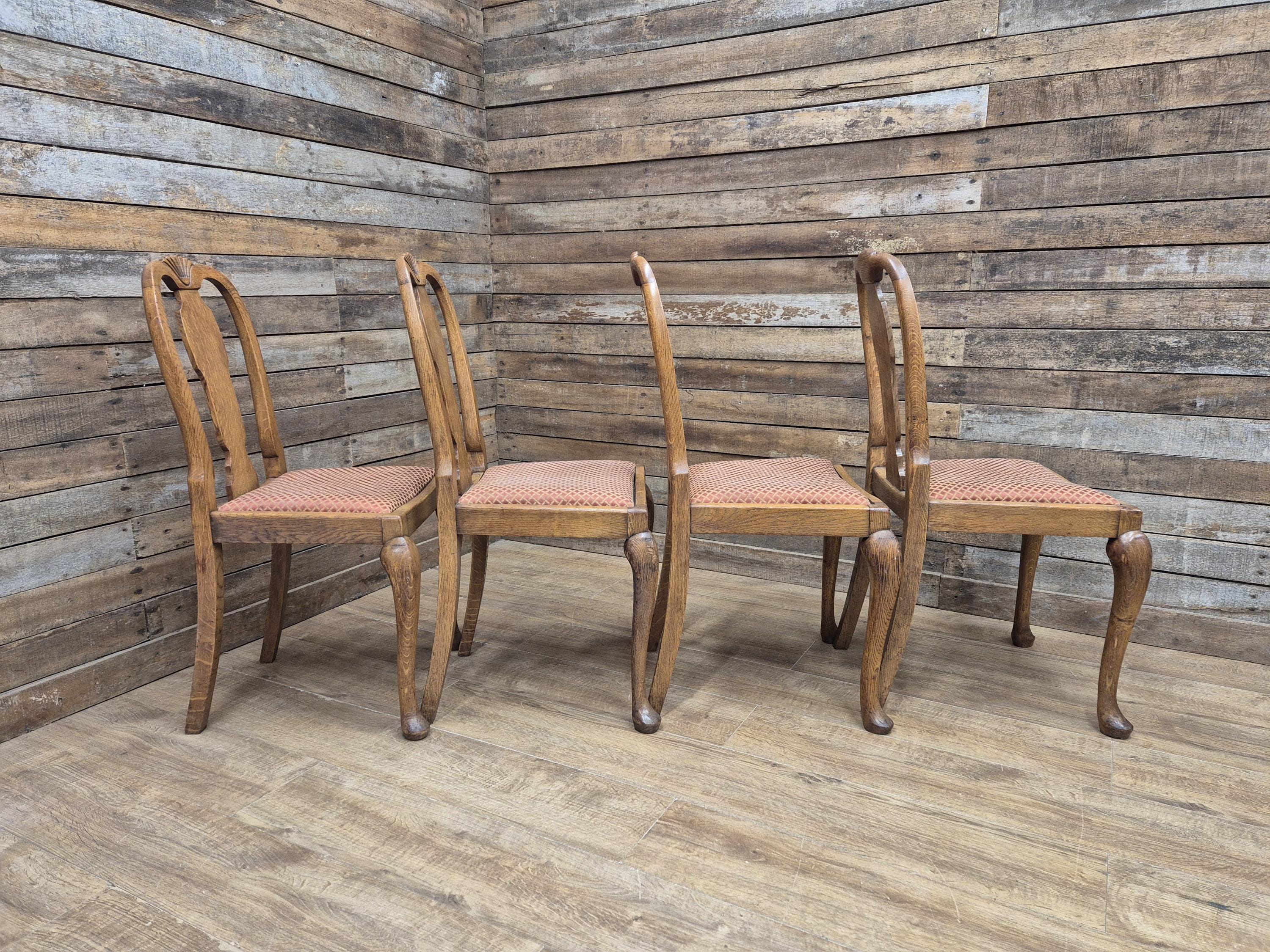 Four Oak Dining Chairs Queen Anne Shell Backs Vintage