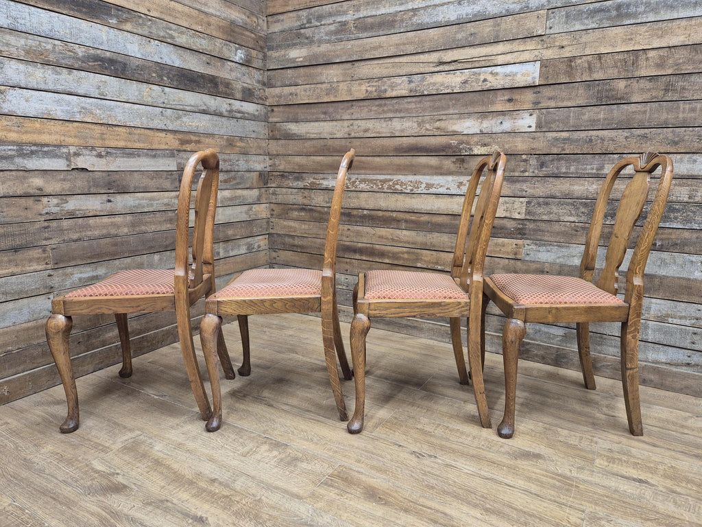 Four Oak Dining Chairs Queen Anne Shell Backs Vintage