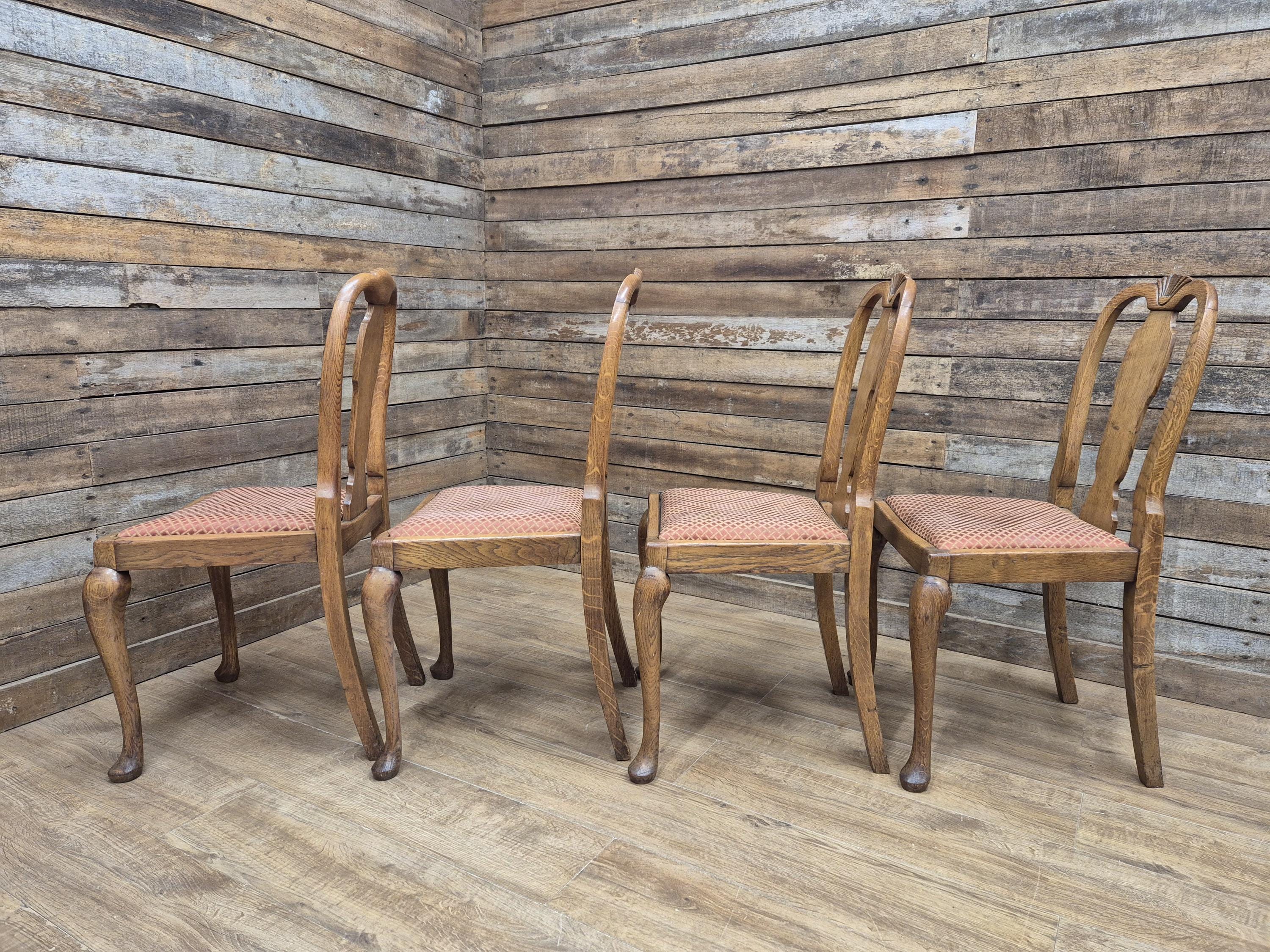 Four Oak Dining Chairs Queen Anne Shell Backs Vintage