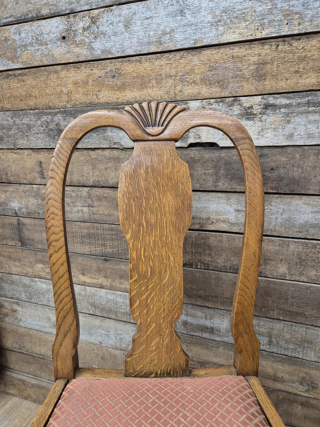 Four Oak Dining Chairs Queen Anne Shell Backs Vintage