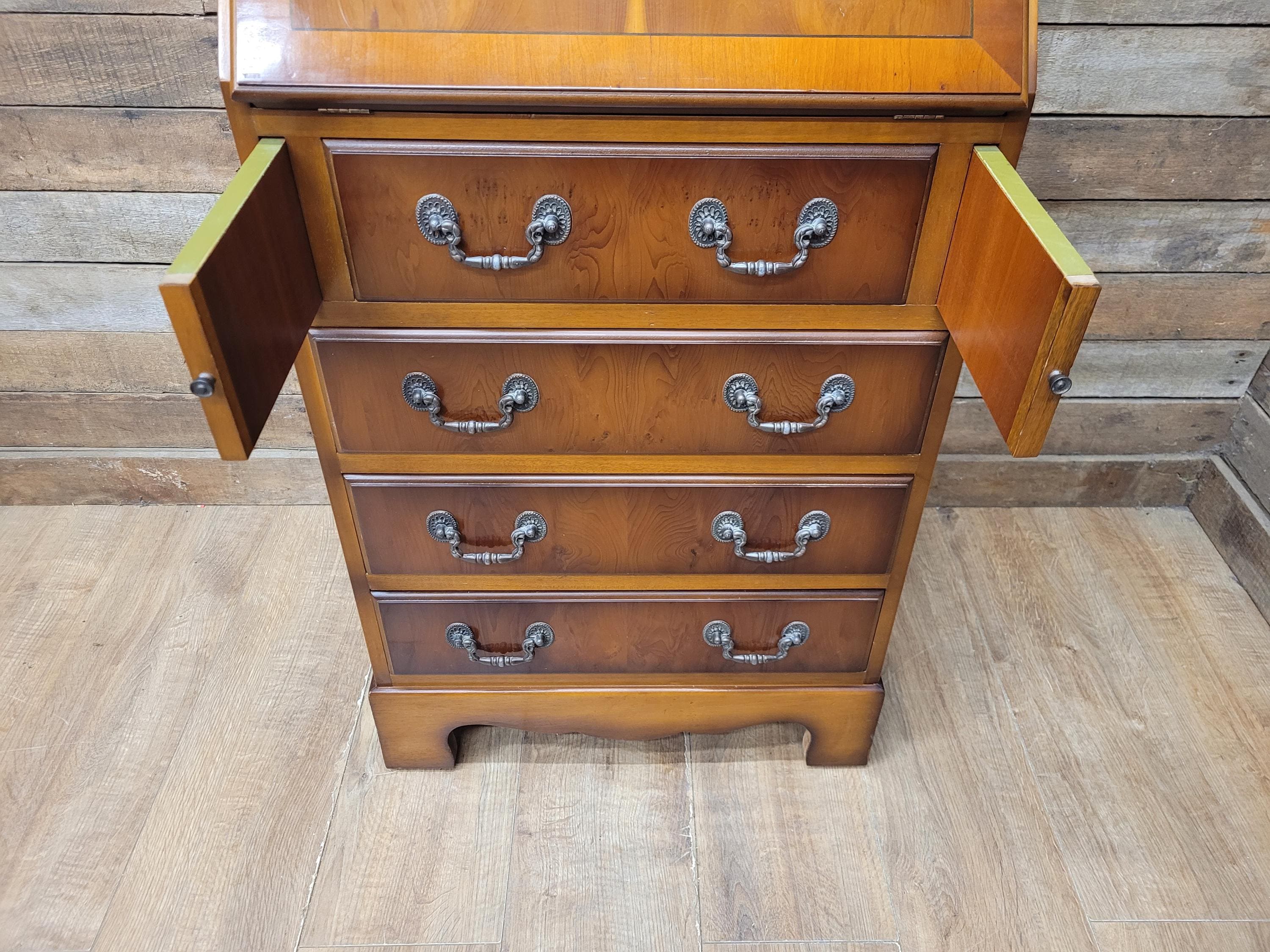 Walnut Veneer Petite Bureau Four Drawers Bracket Feet Vintage