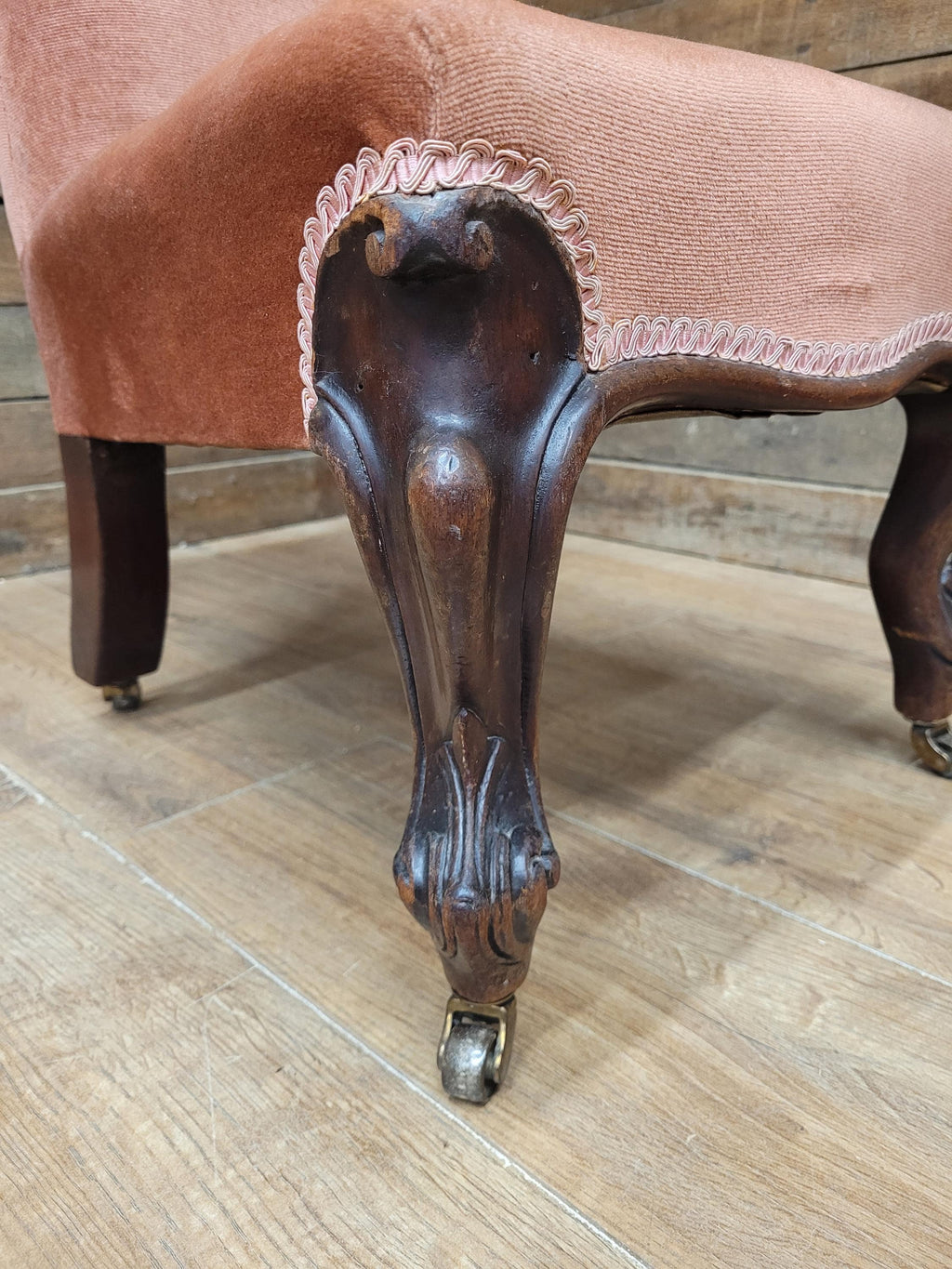 Victorian Style Slipper Chair Upholstered Scroll Back Cabriole Legs