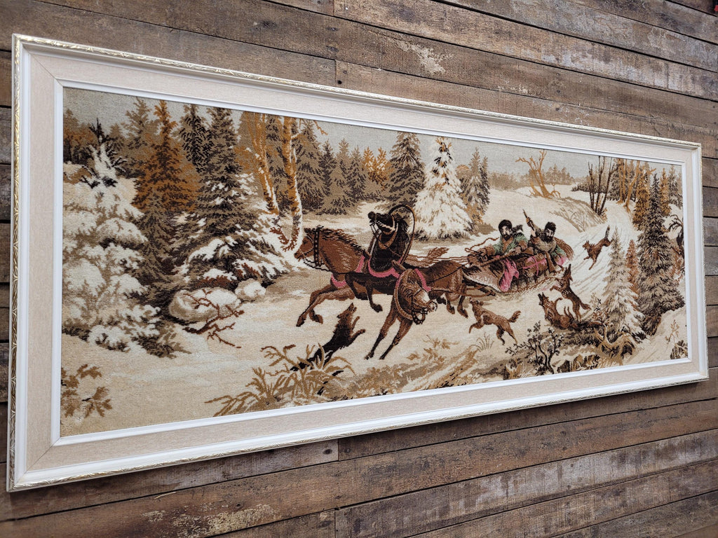 Vintage Tapestry Wall Hanging Framed Hunting Scene Large Textile Art