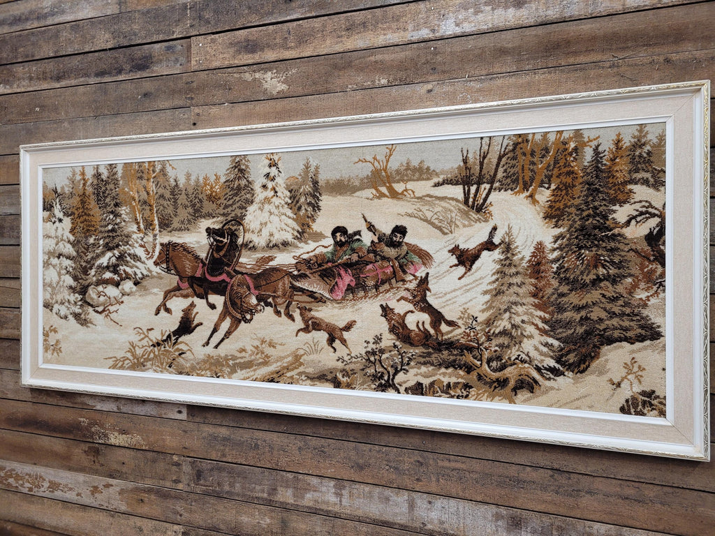 Vintage Tapestry Wall Hanging Framed Hunting Scene Large Textile Art