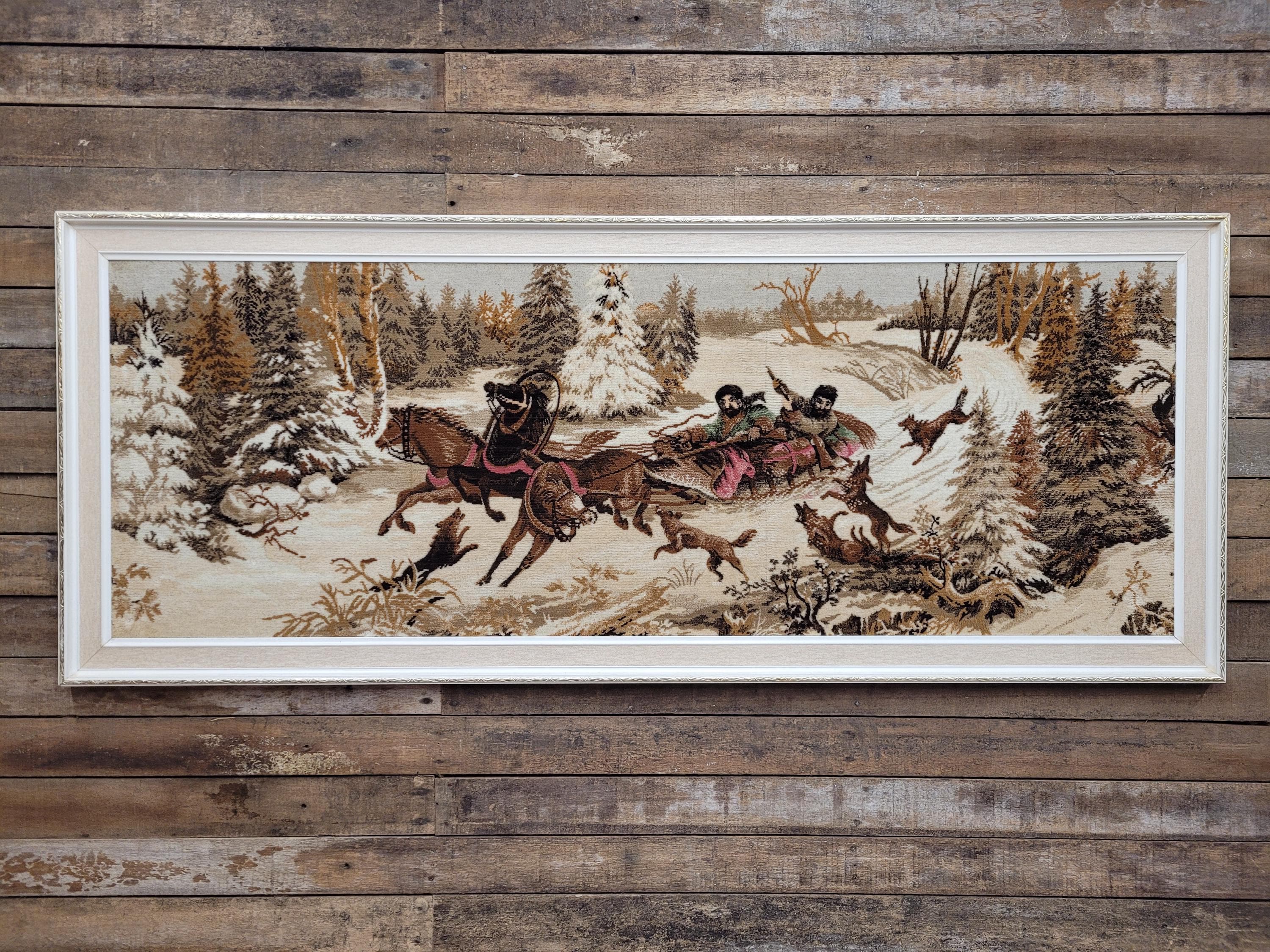 Vintage Tapestry Wall Hanging Framed Hunting Scene Large Textile Art