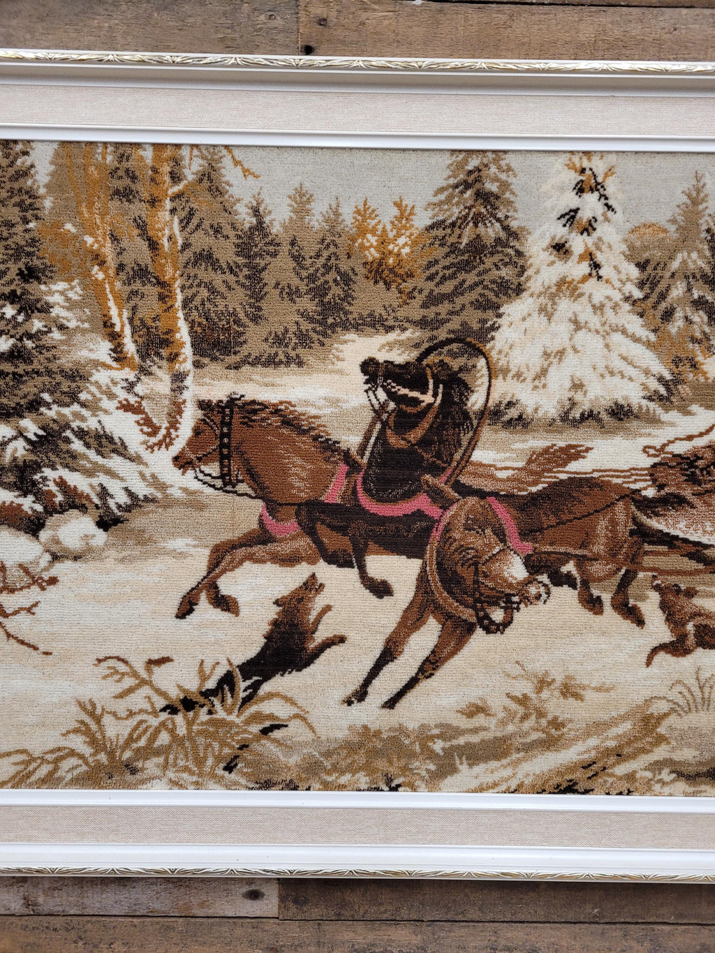 Vintage Tapestry Wall Hanging Framed Hunting Scene Large Textile Art